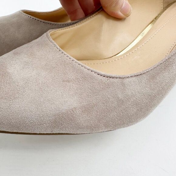 Brian Atwood‎ Karina Taupe Suede Block Heel Pumps With Gold Grid Heel Design 10 - Picture 5 of 16